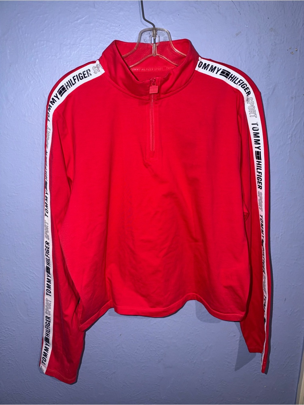Tommy Hilfiger Red Half-Zip Track Pullover with Logo Sleeve Tape